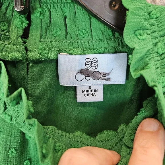 CeCe Womens Top Sz S Green Swiss Clip Dot Mock Neck Ruffles Teacher Career - Picture 5 of 12